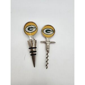 Green Bay Packers Wine Bottle Stopper and Corkscrew‎ Opener Set Silver Tone NFL